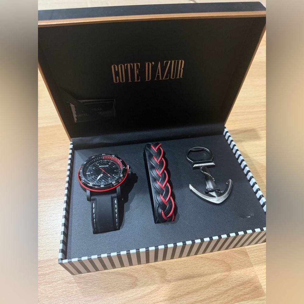 Cote D’Azur Men’s Red Black Watch Bracelet Keychain Bottle Opener New Gift Set